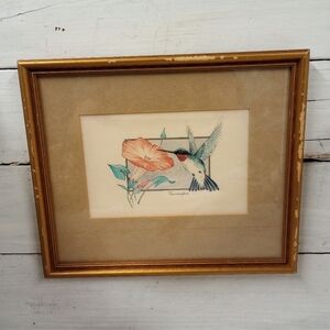 Vintage Framed Hummingbird Watercolor Print Farmhouse Cottage Nature.
